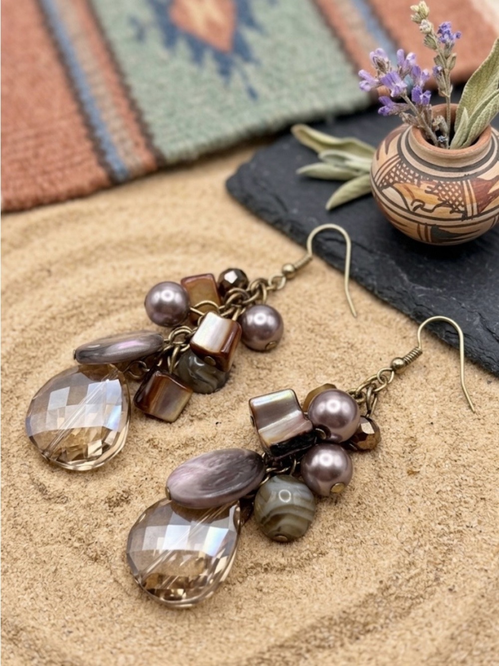 Hand Crafted Swarovski Golden Shadow Crystal & Shell Cluster Drop Earrings NWT